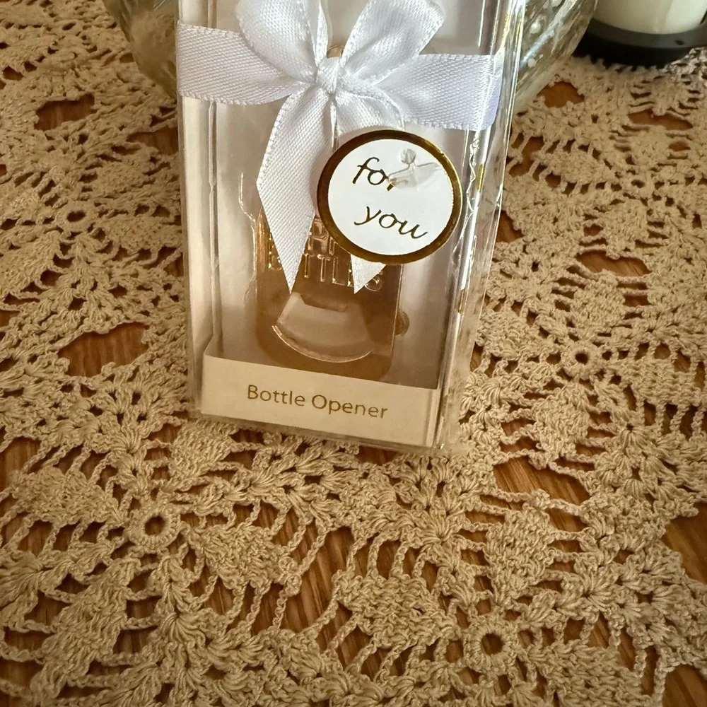 Gold Bottle Opener with White Ribbon